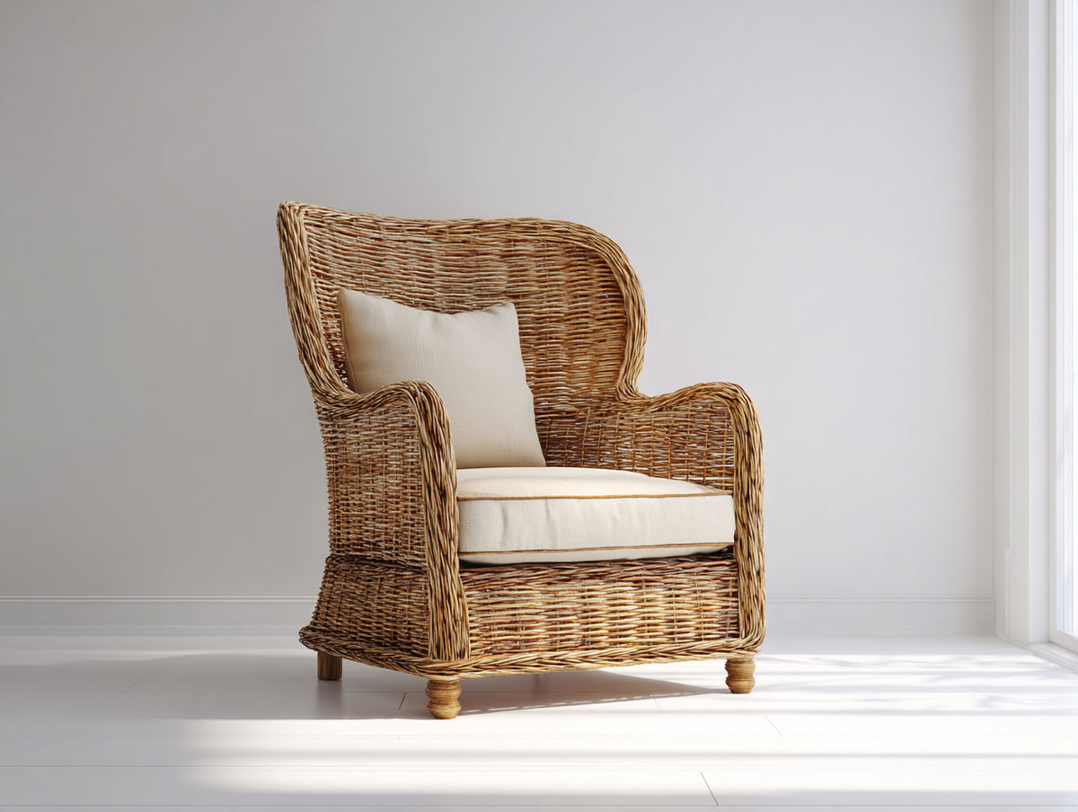 Sillones de ratán con cojines 87 x 85 x 105 cm - Natural y beige - Respaldo alto de estilo clásico