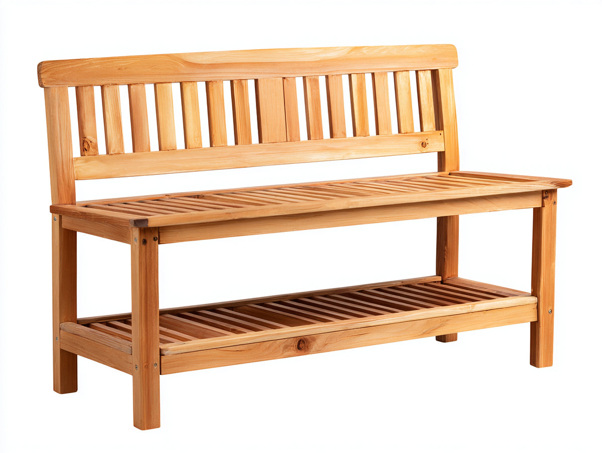 Bancos de jardín de madera con respaldo y estante inferior 145 x 50 x 95 cm - madera natural - diseño clásico