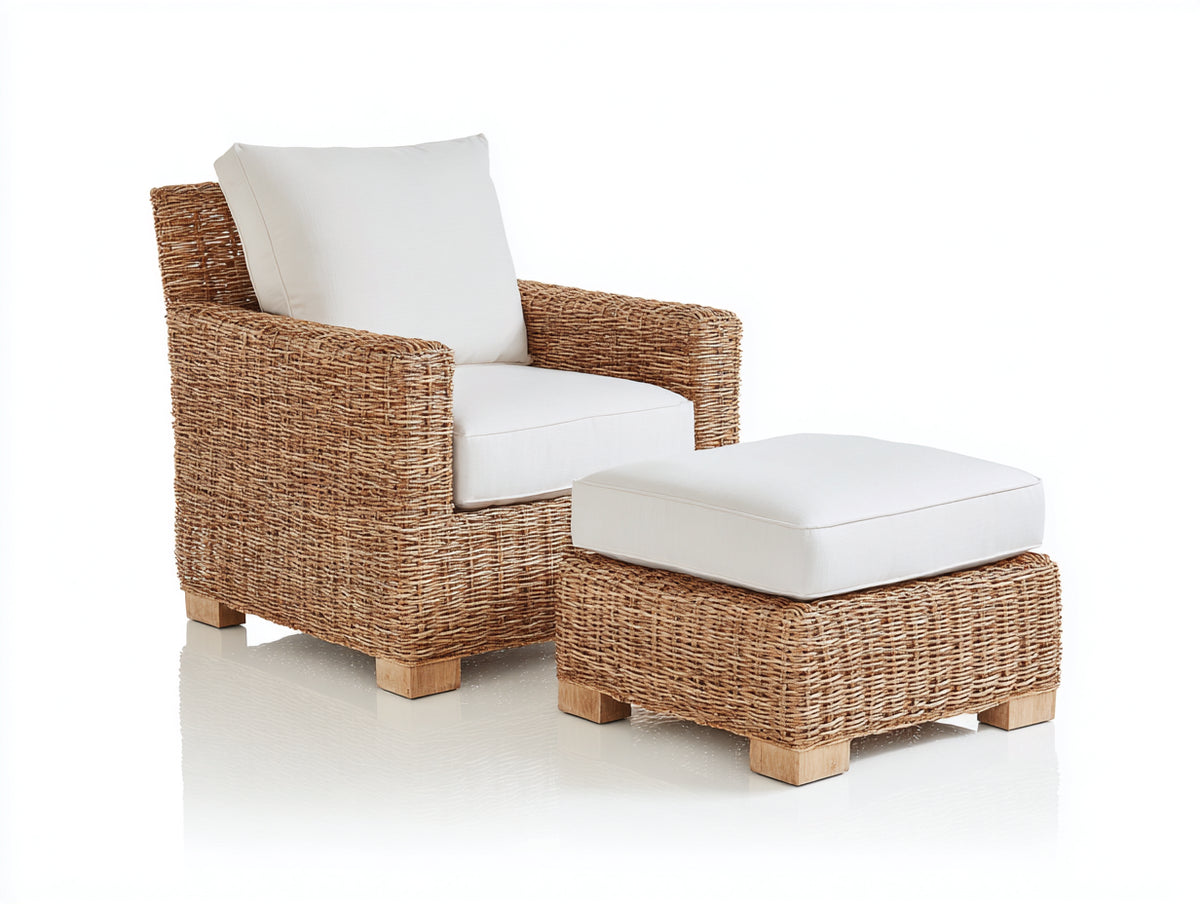 Sillones de ratán con reposapiés y cojines 78 x 82 x 88 cm - marrón natural y blanco - estilo bohemio
