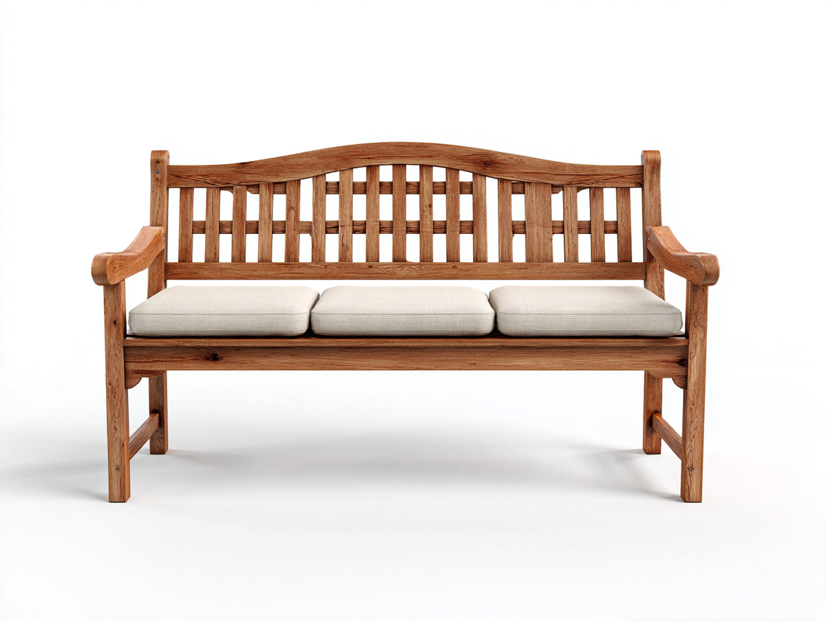 Bancos de jardín de madera 160 x 62 x 95 cm - Madera natural y beige - 3 plazas con cojines y respaldo curvo