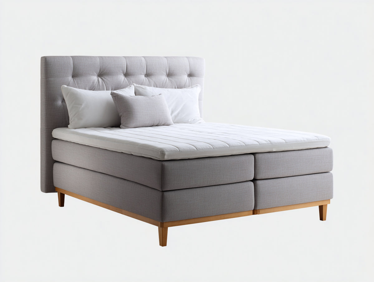 Camas dobles tapizadas en tela 215 x 170 x 120 cm - gris claro - cabecero capitoné y base elevada