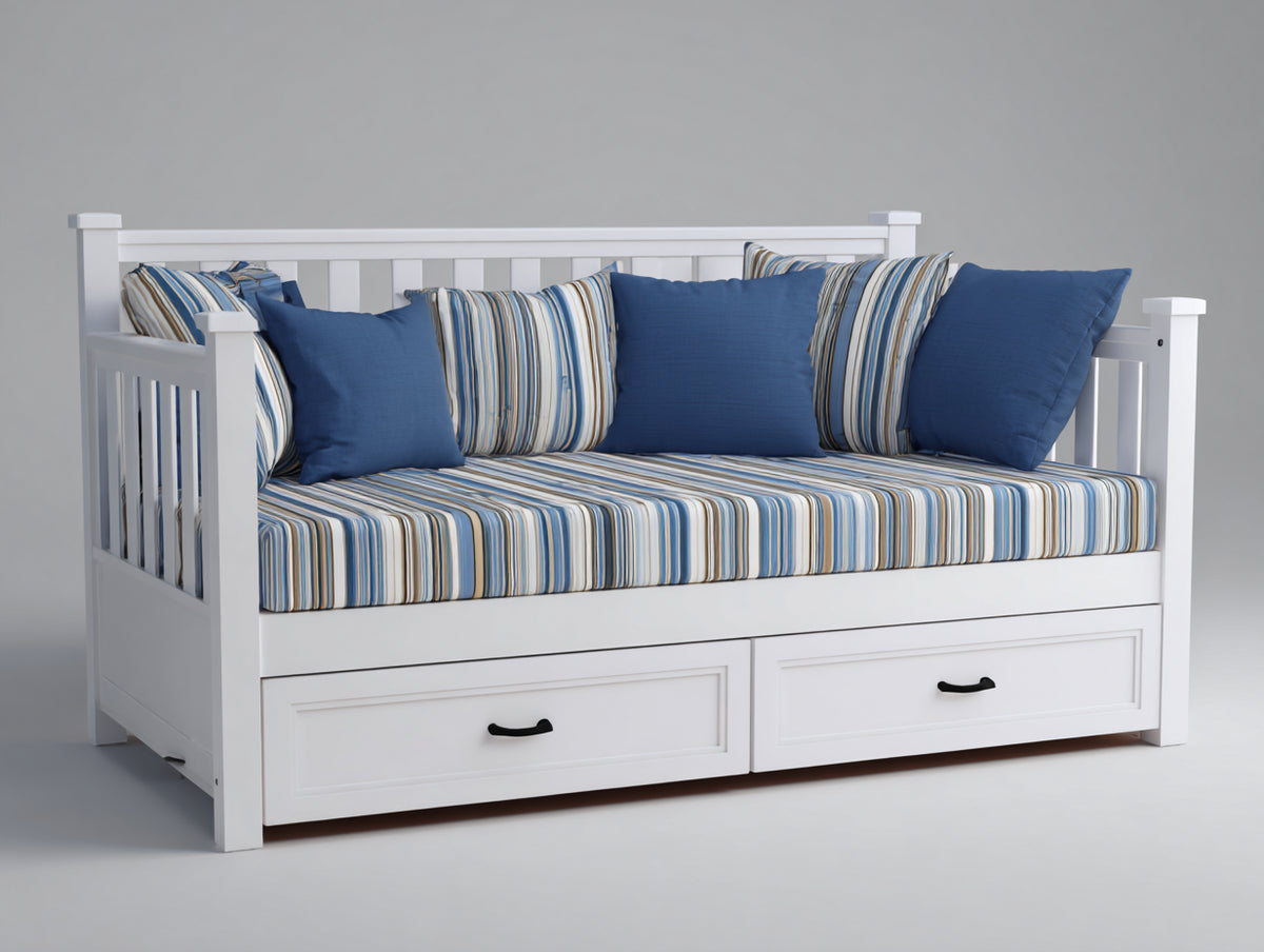 Sofás cama de madera 205x100x105 cm - blanco azul y beige - estilo clásico con 2 cajones
