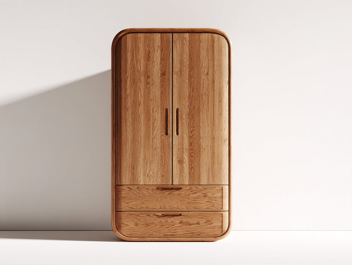 Armario de madera con 2 puertas y 2 cajones 100 x 55 x 190 cm - madera natural - diseño curvo para dormitorio