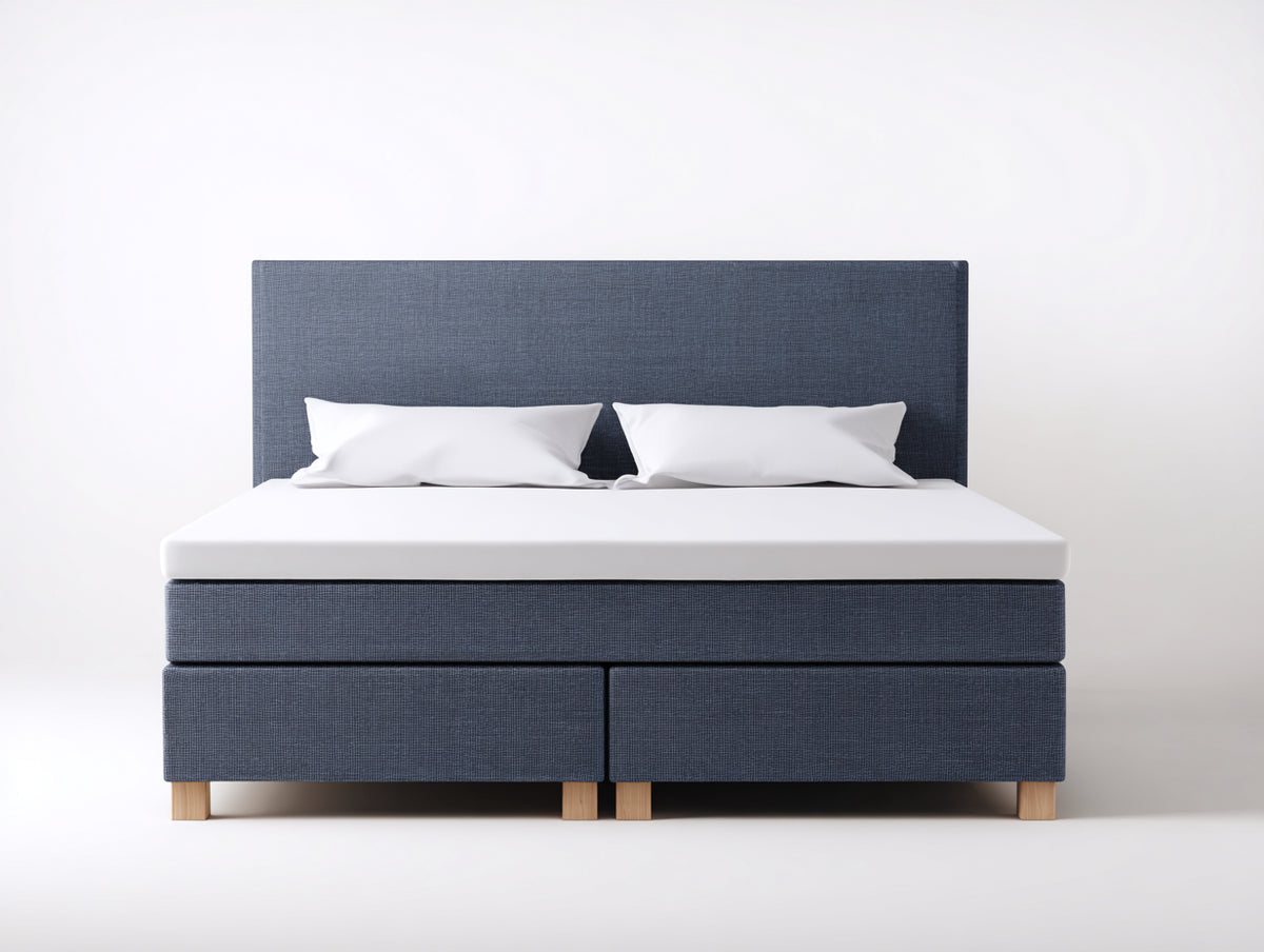Cama doble tapizada 210 x 180 x 115 cm - azul oscuro y madera natural - cabecero alto y base dividida