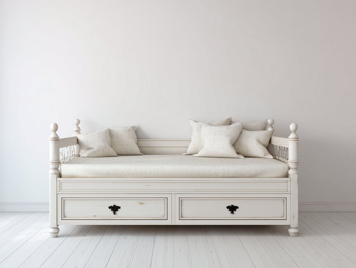 Sofá cama de madera con 2 cajones 210 x 100 x 102 cm - blanco envejecido - diseño clásico con laterales de barrotes