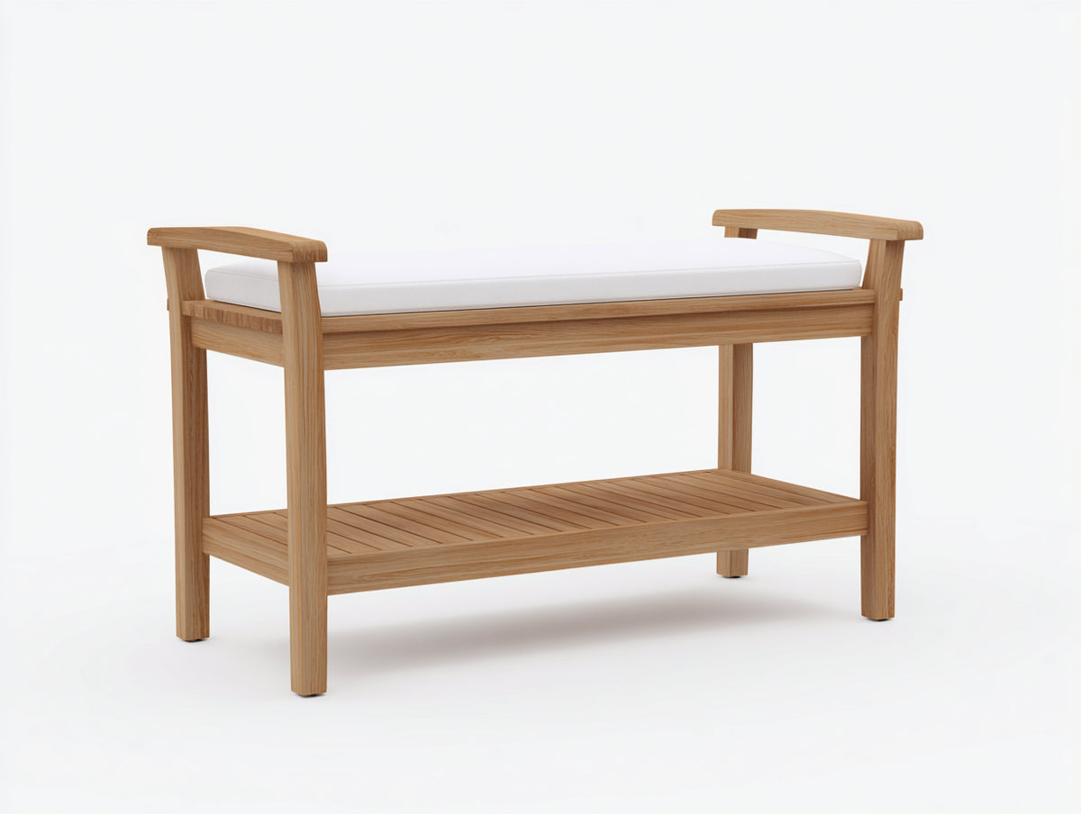 Bancos de jardín de madera con cojín y estante inferior 120 x 45 x 75 cm - roble natural y blanco - estilo moderno