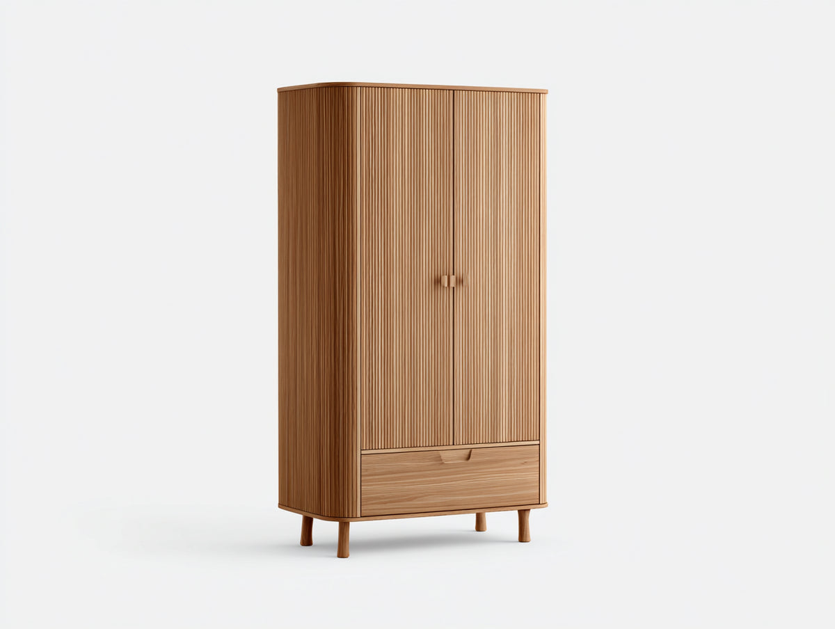 Armario de madera con 2 puertas y 1 cajón 95 x 52 x 190 cm - madera natural - diseño acanalado con patas elevadas