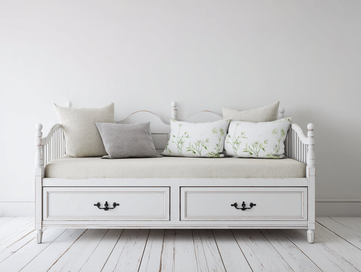 Sofás cama de madera 210 x 90 x 95 cm - Blanco envejecido - 2 cajones y estilo clásico