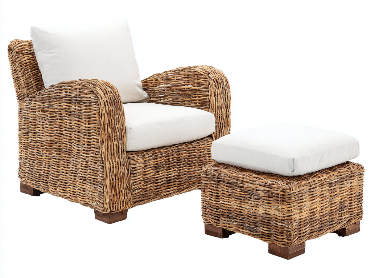 Sillón de ratán con reposapiés 88 x 84 x 90 cm - ratán natural y blanco roto - diseño curvo con reposabrazos